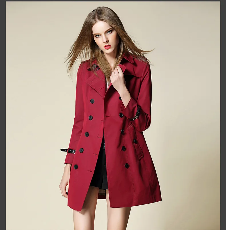 Image High quality wine red color double breasted trench coat Fashion 2017 Fall woman s red color wind coat S XL size option