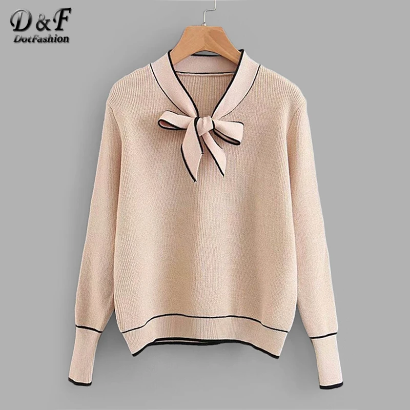Dotfashion Apricot Contrast Binding Tie Neck Jumper Women Casual 2019 Autumn Plain Straps Long Sleeve Ladies Pullovers Sweater
Dotfashion Apricot Contrast Binding Tie Neck Jumper Women Casual 2019 Autumn Plain Straps Long Sleeve Ladies Pullovers Sweater