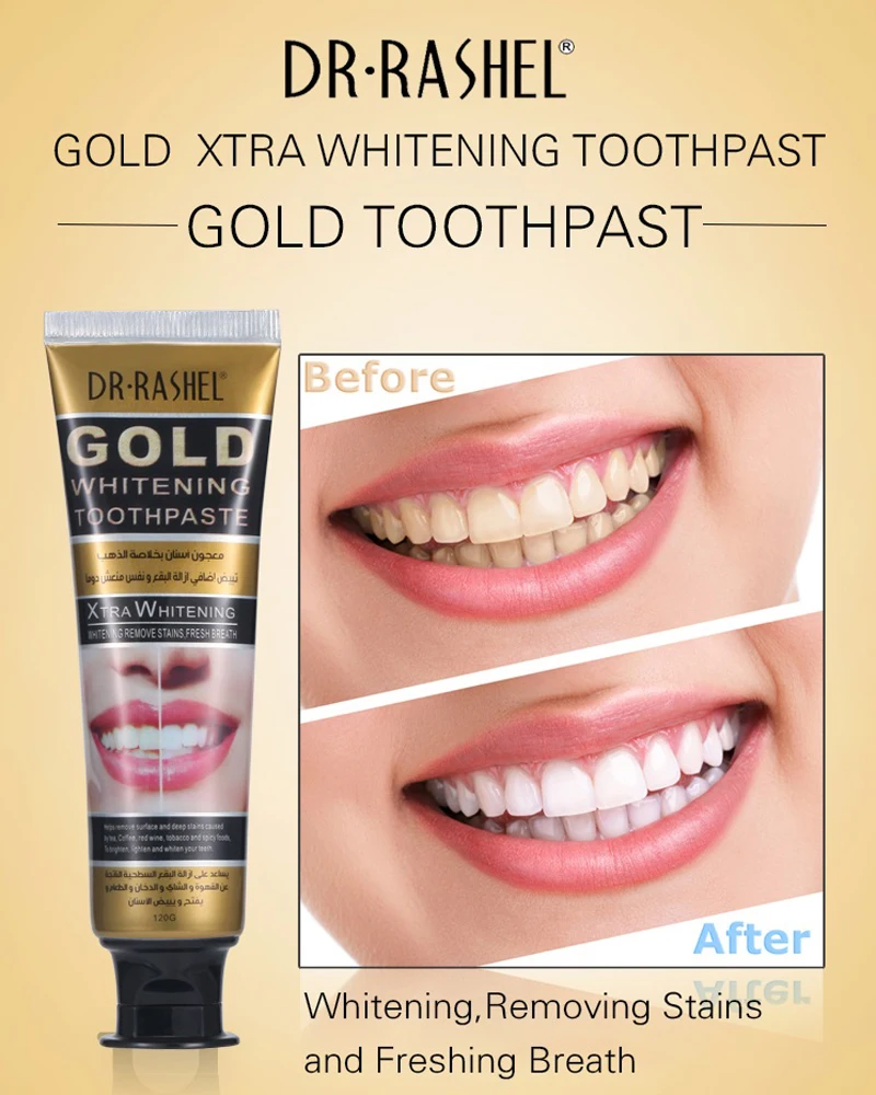 DR.RASHEL Tooth Care Gold Whitening Toothpaste Whitening,Removing Stains and Freshing Breath Oral Hygiene Teeth Care 120ml
DR.RASHEL Tooth Care Gold Whitening Toothpaste Whitening,Removing Stains and Freshing Breath Oral Hygiene Teeth Care 120ml