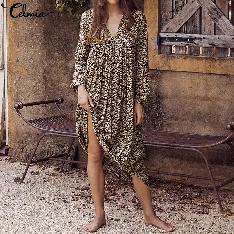 Plus Size Women Sexy Leopard Dress 2019 Celmia Summer Sundress Long Sleeve Sexy V Neck Loose Long Dress Casual Party Vestidos
Plus Size Women Sexy Leopard Dress 2019 Celmia Summer Sundress Long Sleeve Sexy V Neck Loose Long Dress Casual Party Vestidos