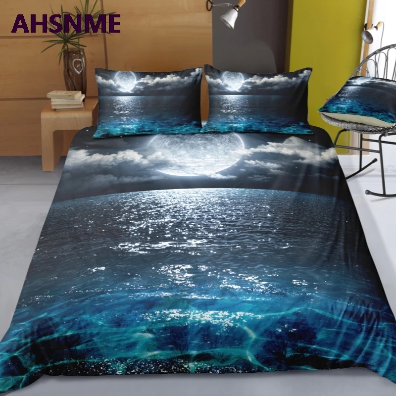 

AHSNME Summer Sea Night Scene Quilt cover Set Moon and Sea HD 3D Effect Bedding Set can photo Customized King Bed Set