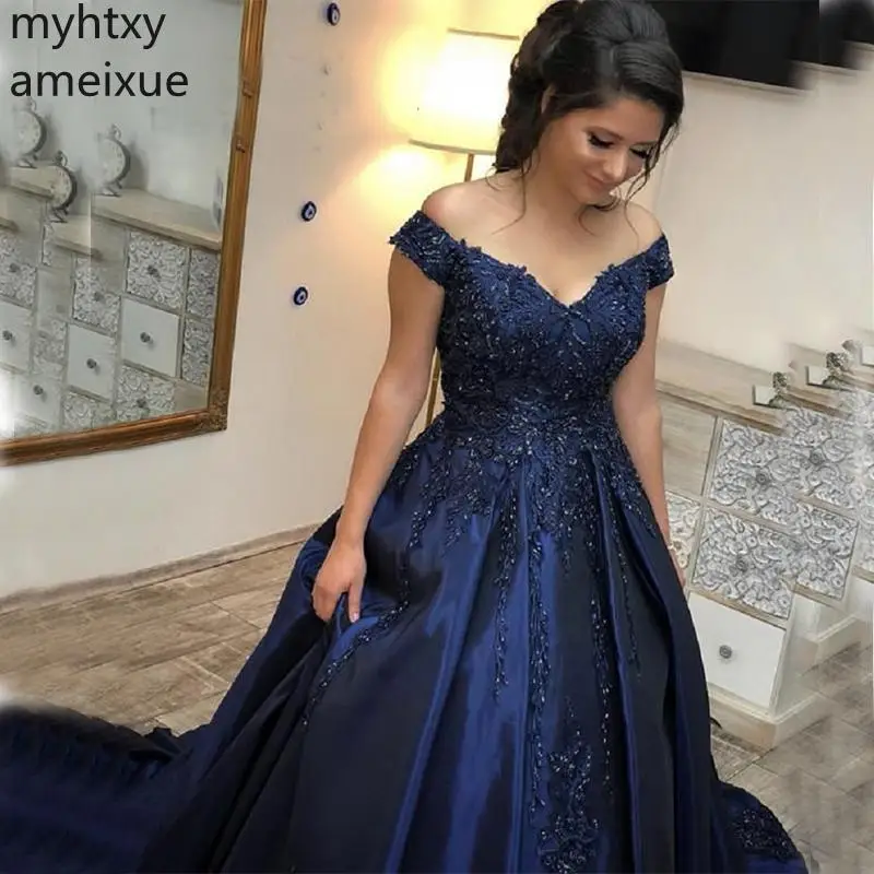 Plus Size Modest Off The Shoulder Prom Dresses Appliques Beaded Navy Blue Satin Evening Party Robe De Bal Longue Formal Gown
Plus Size Modest Off The Shoulder Prom Dresses Appliques Beaded Navy Blue Satin Evening Party Robe De Bal Longue Formal Gown