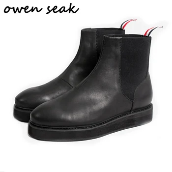 

2018 Owen Seak Men Shoes High-TOP Ankle Chelsea Boots Luxury Trainers Genuine Leather Sneaker Winter Boots Flat Black Shoes