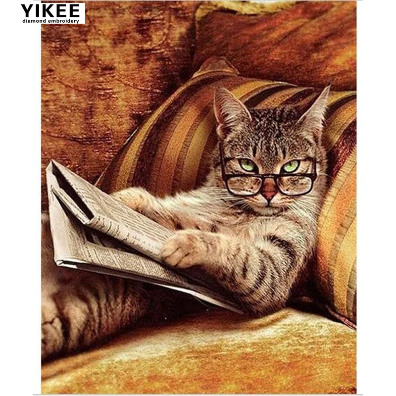 H261 очки кошка лежащая на диване книга для чтения diy Алмазная вышивка 5d кот