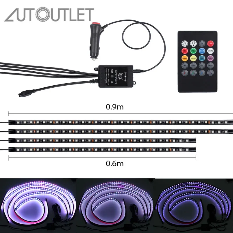 

AUTOUTLET 4 pcs LED Strip Under Car Tube Underglow Underbody System Neon Light Kit With Remote Control DC12V