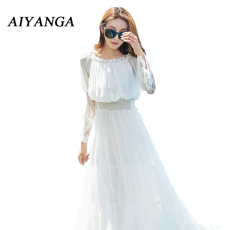 Beach casual style quality white chiffon long dress for women elegant slash neck sexy off shoulder patchwork lace dresses 2018
Beach casual style quality white chiffon long dress for women elegant slash neck sexy off shoulder patchwork lace dresses 2018