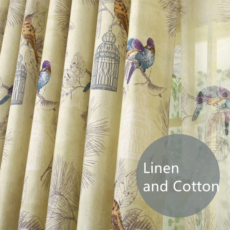 Image Custom American country linen curtain printed half finished living room curtains bedroom curtains semi light shading birds