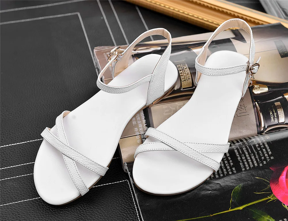 Big Size 33-46 Summer Shoes Simple Buckle Women Sandals Genuine Leather Casual Flat Shoes 