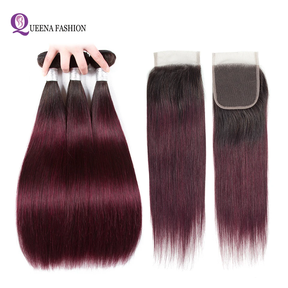 

Queena Fashion 1b/99j Two Tone Ombre Human Hair 3 Bundles With Lace Closure Ombre Peruvian Straight Hair Bundles With Closure