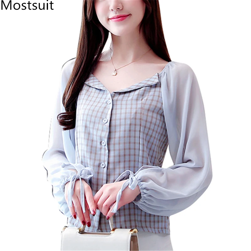 2019 Spring Plaid Chiffon Blouses Women Lantern Sleeve Turn-down Collar Kawaii Elegant Office Shirts Blusas Mujer Blue Pink
2019 Spring Plaid Chiffon Blouses Women Lantern Sleeve Turn-down Collar Kawaii Elegant Office Shirts Blusas Mujer Blue Pink