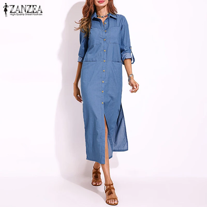 2019 ZANZEA Women Autumn Elegant Turn-down Collar Buttons Down Long Shirt Dress Casual Split Denim Blue Vestido Plus Size
2019 ZANZEA Women Autumn Elegant Turn-down Collar Buttons Down Long Shirt Dress Casual Split Denim Blue Vestido Plus Size