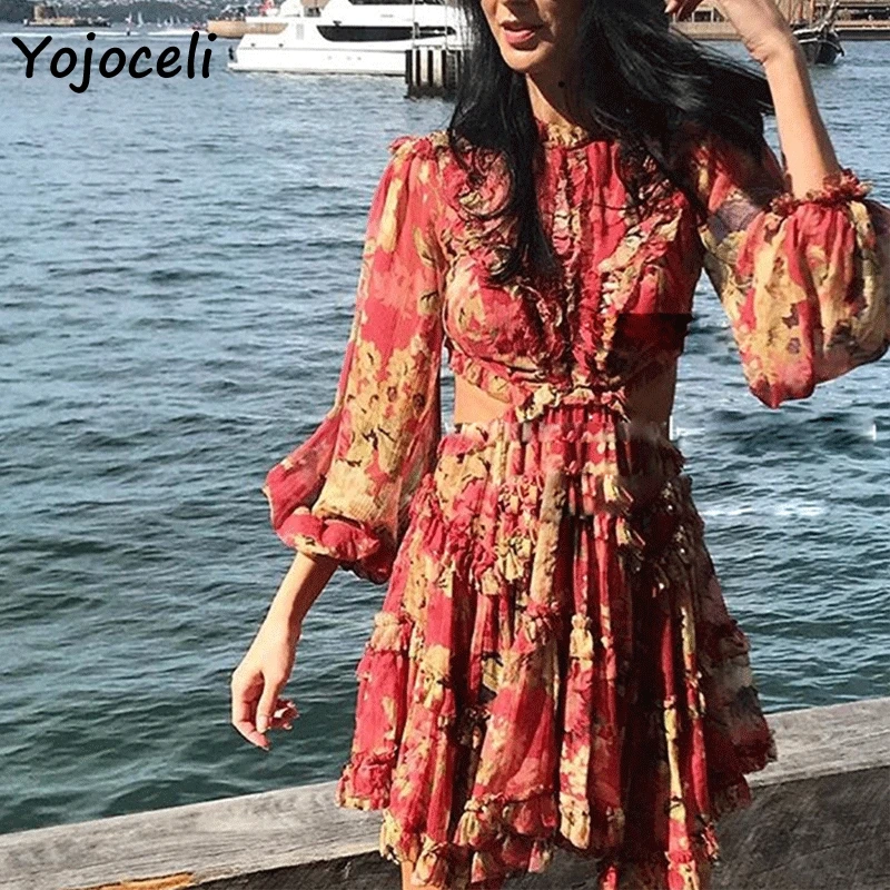 Yojoceli женское платье с цветочным принтом 2018 пляжное длинным рукавом и открытой