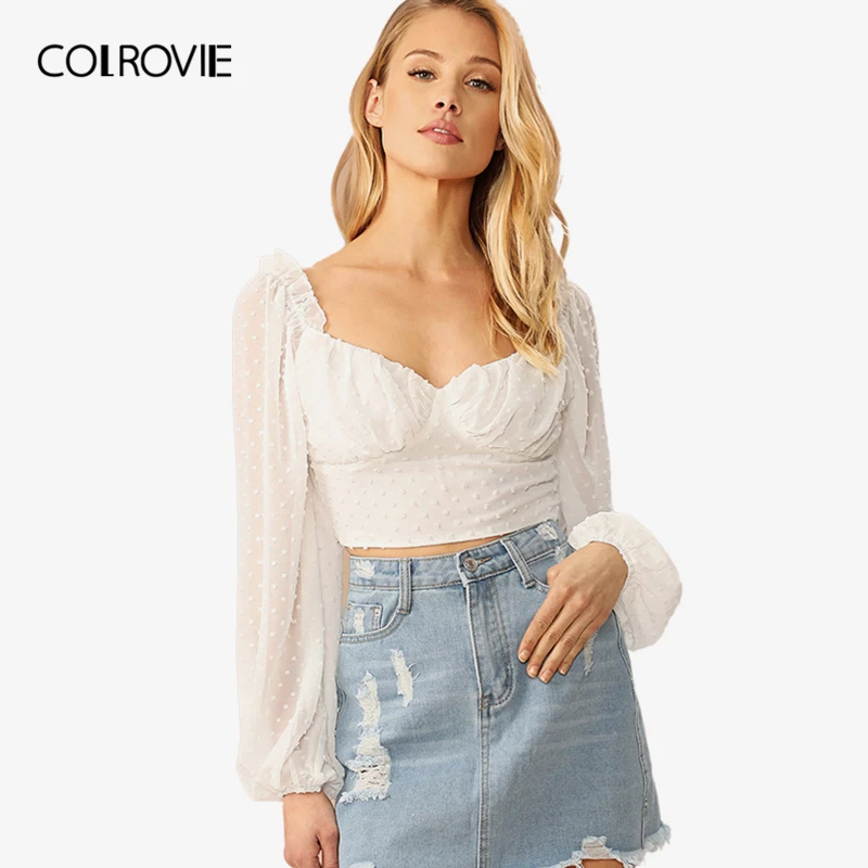 

COLROVIE White Frill Lantern Sleeve Dot Jacquard Sweetheart Crop Top Women 2019 Spring Korean Slim Fit Ladies Shirred Blouses