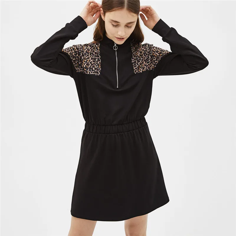 Patchwork Zipper Leopard Print Long Sleeve Dress Women Spring 2019 Fashion Casual Short A-Line Dress Summer Black Party Dresses 
Patchwork Zipper Leopard Print Long Sleeve Dress Women Spring 2019 Fashion Casual Short A-Line Dress Summer Black Party Dresses
