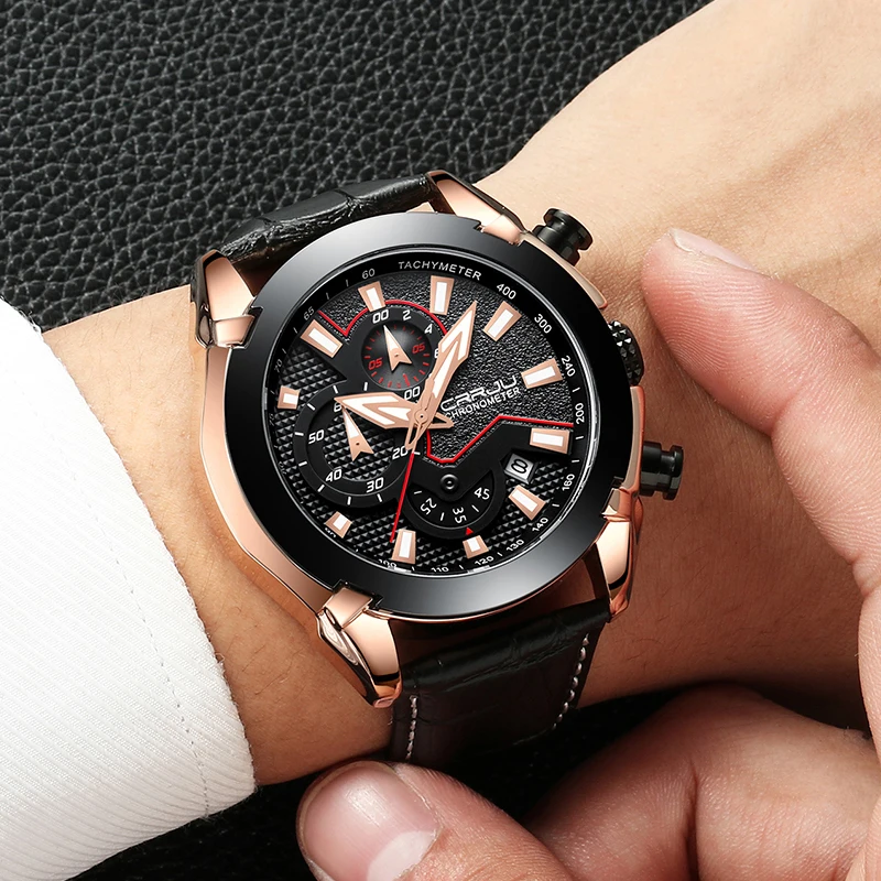 

Six-needle Timing Sports Watch Men CRRJU Quartz Chronograph Date Clock Man Leather Band Military Waterproof Watch Relogio Mascul