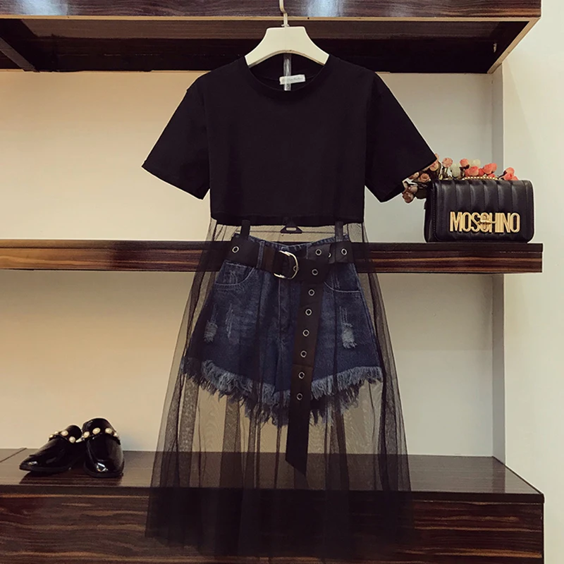 2019 Summer Women Denim Short Set Black Mesh Patchwork Long T-Shirt+High Waist Pocket Tassels Jean Shorts 2 Piece Set With Belt
2019 Summer Women Denim Short Set Black Mesh Patchwork Long T-Shirt+High Waist Pocket Tassels Jean Shorts 2 Piece Set With Belt