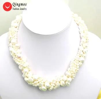 

Qingmos White Pearl Necklace for Women with 6mm Baroque Pearl 40" Long Necklace Combination Chokers Necklace 18'' Set 5023