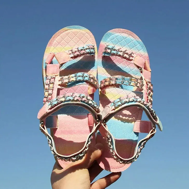 Open Toe Metal Chain Decor Hook & Loop Rainbow Sandals Flat Slingback Rome Shoes Beige Black Summer Causual Leather Shoes
Open Toe Metal Chain Decor Hook & Loop Rainbow Sandals Flat Slingback Rome Shoes Beige Black Summer Causual Leather Shoes