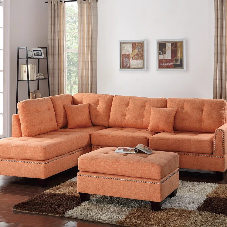 Polyfiber 3 Piece Sectional Set With Plush Cushion In Orange