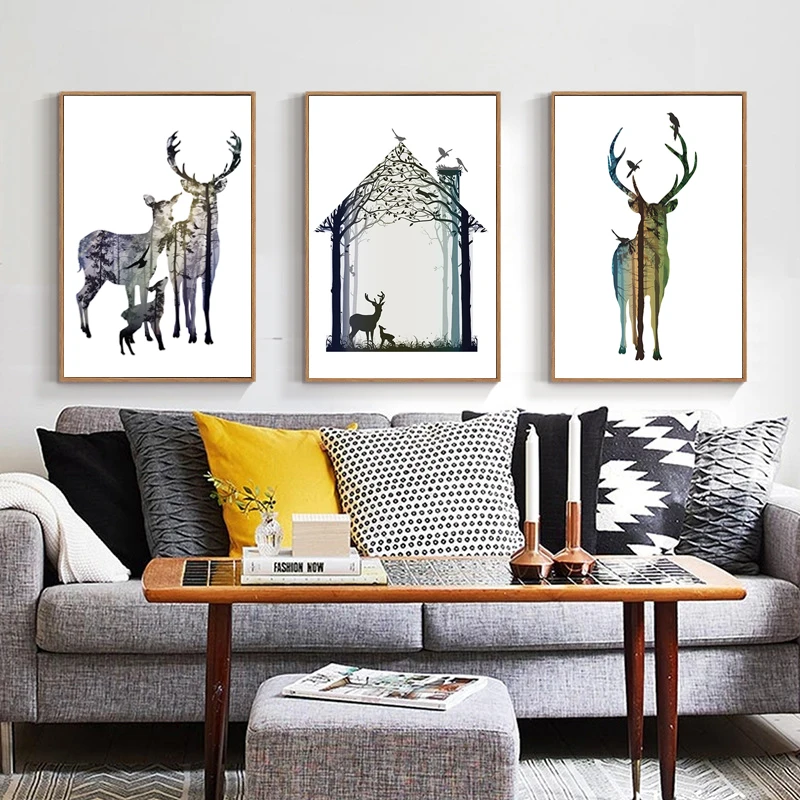 

Silhouette of Deer with Pine Forest Art Print Poster, Wall Art Picture for Living Room Decoration, Home Decor Painting on Canvas