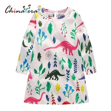 Cute Dinosaur Leaves Print pattern O-Neck Long Sleeve Spring Dress Clothes For Kids Girls