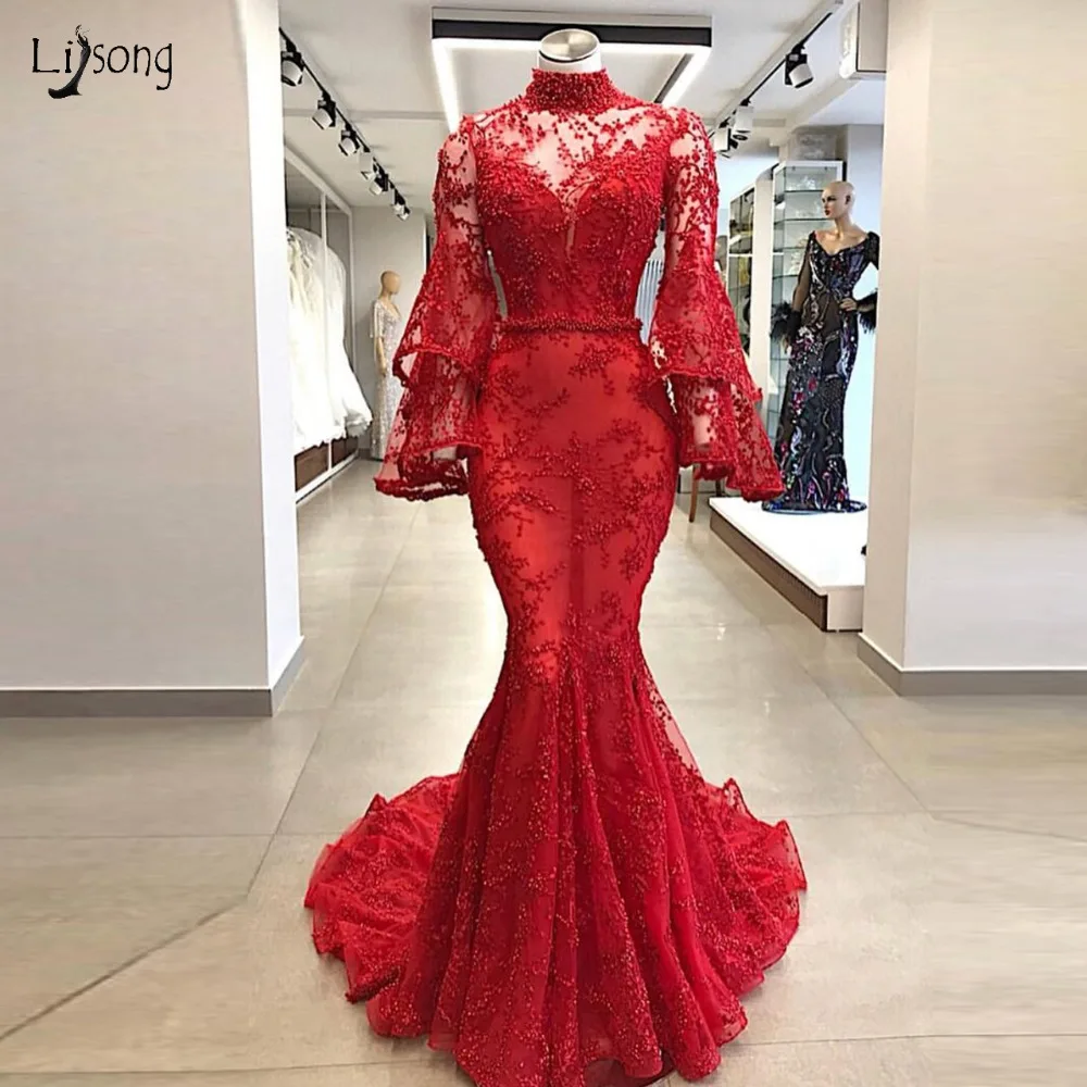 Luxury Dubai Red Lace Pearls Mermaid Prom Dresses 2019 With Puff Full Sleeves High Colar Long Prom Gowns Robe De Soiree Longue
Luxury Dubai Red Lace Pearls Mermaid Prom Dresses 2019 With Puff Full Sleeves High Colar Long Prom Gowns Robe De Soiree Longue