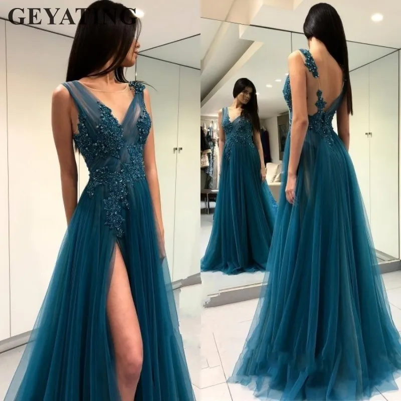 Turquoise V-neck Backless Long Prom Dresses 2019 Sexy High Slit Tulle Lace Applique Beaded Women Evening Party Dress Formal Gown
Turquoise V-neck Backless Long Prom Dresses 2019 Sexy High Slit Tulle Lace Applique Beaded Women Evening Party Dress Formal Gown