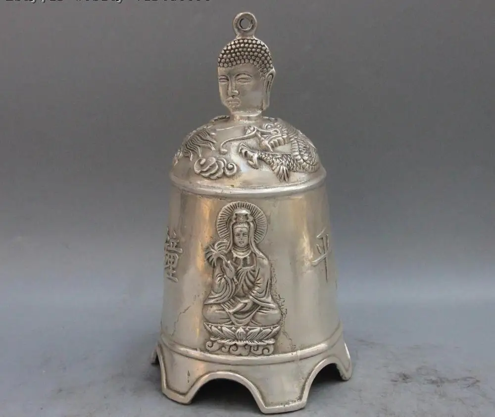 

China White copper Silver carved fine Buddhism Kwan-yin Bodhisattva statue bell
