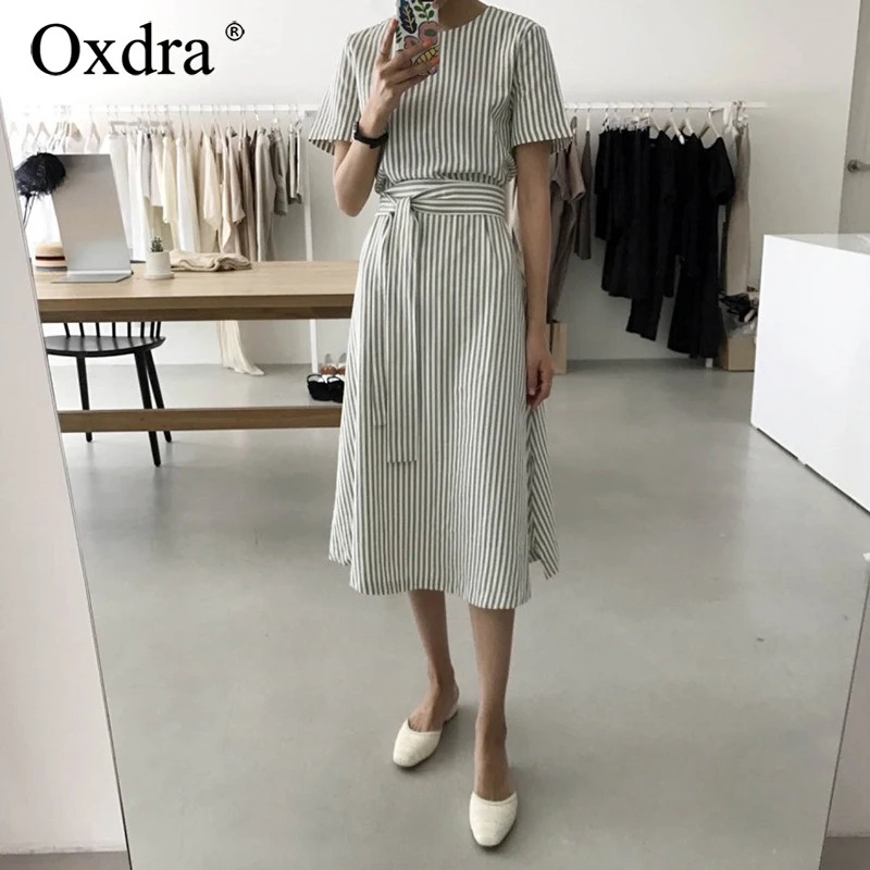 Oxdra Women Summer Green Sttriped O Neck Dresses With Sashes 2019 Hot Sale A Line Short Sleeve Mid Calf Dress
Oxdra Women Summer Green Sttriped O Neck Dresses With Sashes 2019 Hot Sale A Line Short Sleeve Mid Calf Dress