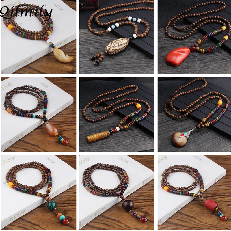 Women Gift Long Wood Jewelry Sweater Chain Pendant Necklace Wood Beads
