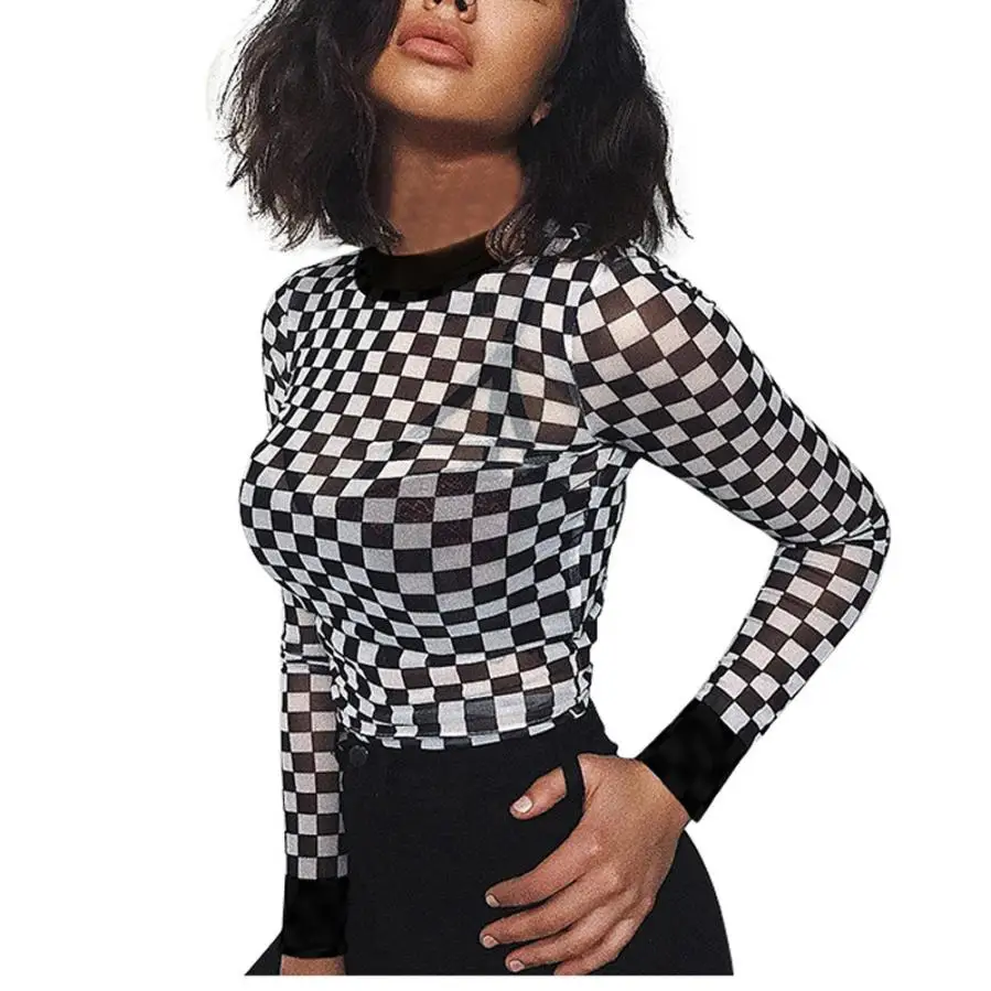T Shirt Women Long Sleeve 2018 Gothic Top Transparent O Neck Plaid Print Women Clothing Sexy Vintage Ladies Tops Shirt Female
T Shirt Women Long Sleeve 2018 Gothic Top Transparent O Neck Plaid Print Women Clothing Sexy Vintage Ladies Tops Shirt Female