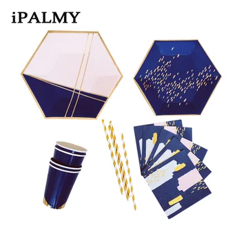 

ipalmay Pink Blue&Gold Hexagon Striped Plates Cups Napkins Straws Disposable Paper Tableware Set for Birthday Party Supplies