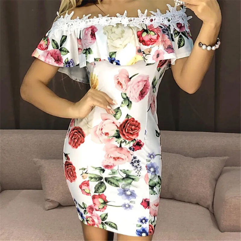 Trendy Women dress off shoulder Ruffle Flower print Bandage Bodycon Sleeveless Evening Polyester Mini Dresses one pieces
Trendy Women dress off shoulder Ruffle Flower print Bandage Bodycon Sleeveless Evening Polyester Mini Dresses one pieces