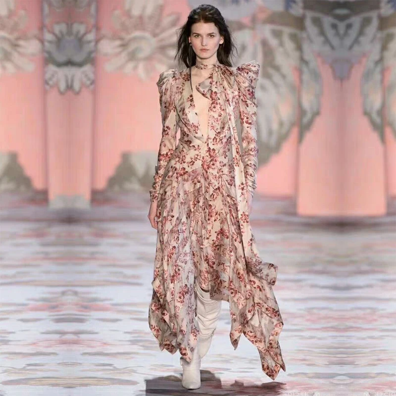 Runway Designer High Quality Elegant Woman Dress Floral Print Asymmetrical Sexy Deep V-Neck Tie Female Maxi Dress Vestidos
Runway Designer High Quality Elegant Woman Dress Floral Print Asymmetrical Sexy Deep V-Neck Tie Female Maxi Dress Vestidos