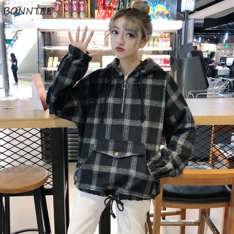 Hoodies Women Hooded Retro Plaid Zipper Loose Batwing Sleeve Pocket Womens Hoodie Korean Style Trendy All-match Leisure Simple
Hoodies Women Hooded Retro Plaid Zipper Loose Batwing Sleeve Pocket Womens Hoodie Korean Style Trendy All-match Leisure Simple