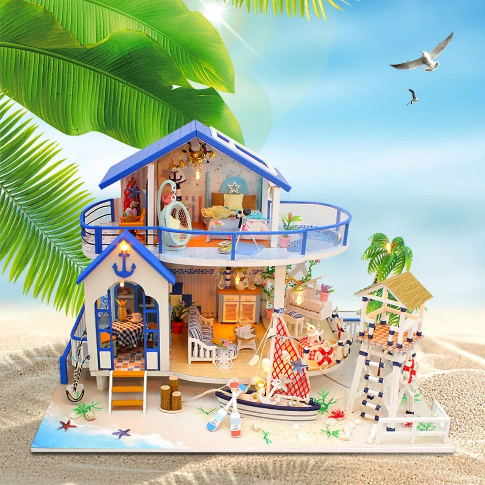 DIY LED Dollhouse Sea Miniature Villa With Furniture Wooden House Room Model Kits Gifts Toys For Children Kids Doll House Toy
DIY LED Dollhouse Sea Miniature Villa With Furniture Wooden House Room Model Kits Gifts Toys For Children Kids Doll House Toy
