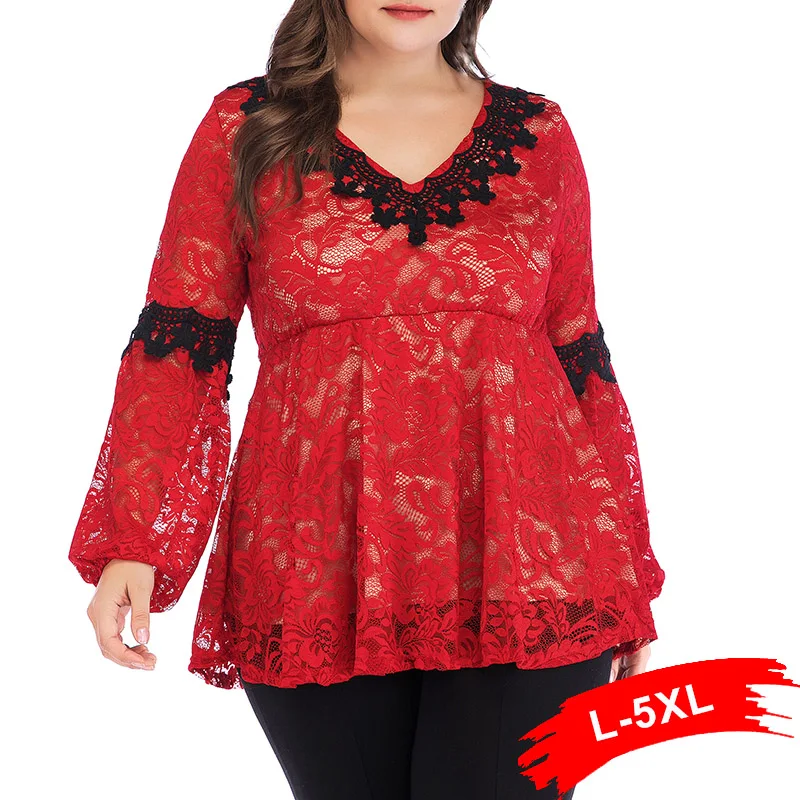 Plus Size Vintage Lace Lantern Sleeve Party Blouse Shirt 4XL 5XL Sexy V Neck Women Ruffles Long Sleeve Red Tops Office Lady
Plus Size Vintage Lace Lantern Sleeve Party Blouse Shirt 4XL 5XL Sexy V Neck Women Ruffles Long Sleeve Red Tops Office Lady