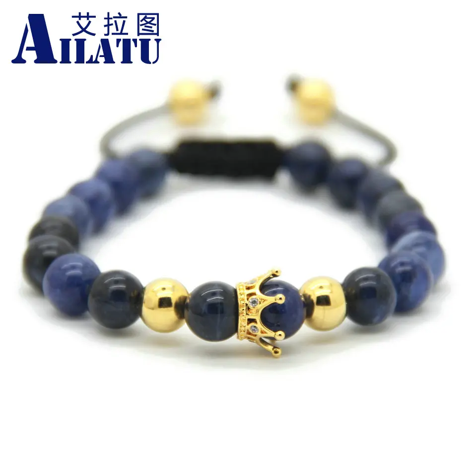 

Ailatu High Grade Jewelry 8mm Natural Blue Veins Stone Bead Brass Micro Pave Cubic Zirconia Crown Men Bracelet