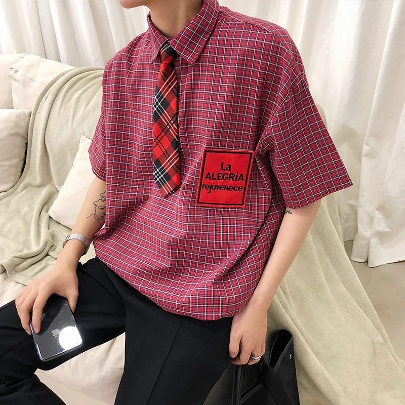 British Style Contain Necktie Plaid Turn Down Collar Short Sleeve Man Men Shirt 2019 Summer Casual Lattice Cotton Loose Camisa
British Style Contain Necktie Plaid Turn Down Collar Short Sleeve Man Men Shirt 2019 Summer Casual Lattice Cotton Loose Camisa
