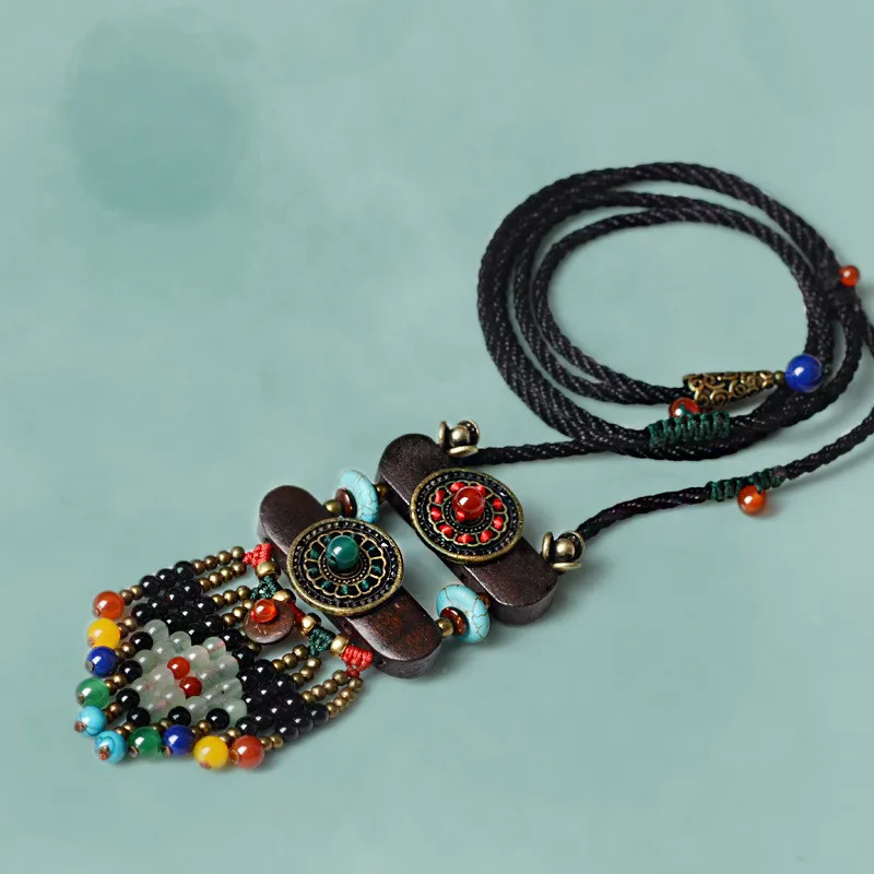 Long Chain Wood Necklace With Colorful Beads - Wear Jewelry With Sweaters