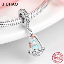 Esmalte colorido 925 Prata Esterlina Veleiro Limpar CZ Encantos Para fazer jóias Pingentes Fit Charme Pulseiras Pandora Originais(China)