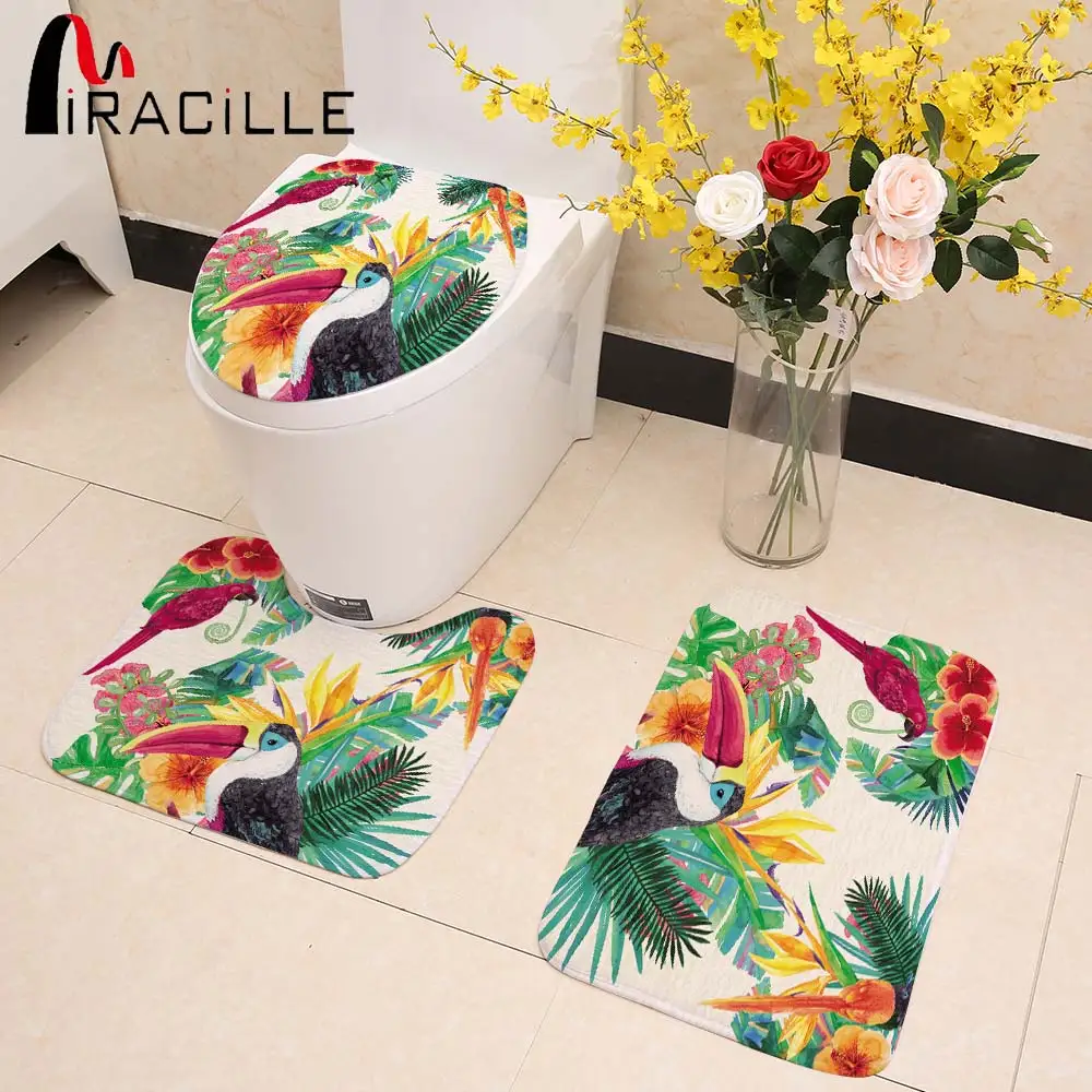 

Miracille Tropical Plants Floral Leaves Coral Fleece Toilet Set Toucan Parrot Printed Bath Anti Slip Mat Soft Toilet Seat Cover
