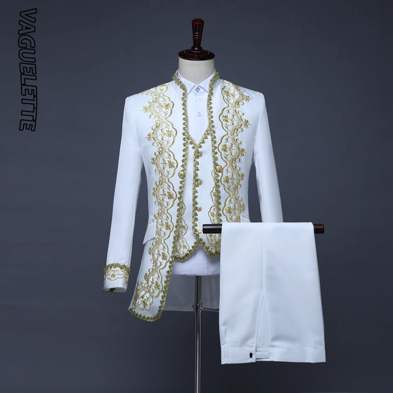 

VAGUELETTE Baroque Embroidery Floral Suits For Men Luxury White/ Black Wedding Long Suit Jacket Pants Set With Vest 2023