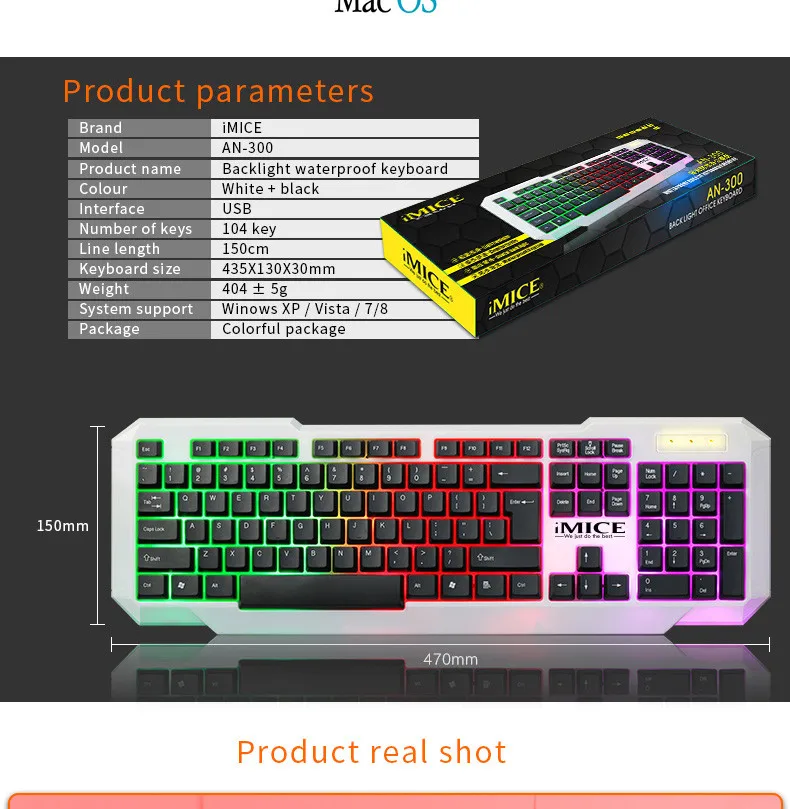 VOBERRY For IMICE AN-300 Tri-colour Dazzling Waterproof Dust-proof Game Keyboard Machinery Keyboard Handfeel
VOBERRY For IMICE AN-300 Tri-colour Dazzling Waterproof Dust-proof Game Keyboard Machinery Keyboard Handfeel