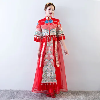 Elegant Half Sleeve Asian Bride Dress Vestidos Red Tassels Women Ancient Cheongsam Suit Traditional Chinese Marriage Qipao 
Elegant Half Sleeve Asian Bride Dress Vestidos Red Tassels Women Ancient Cheongsam Suit Traditional Chinese Marriage Qipao