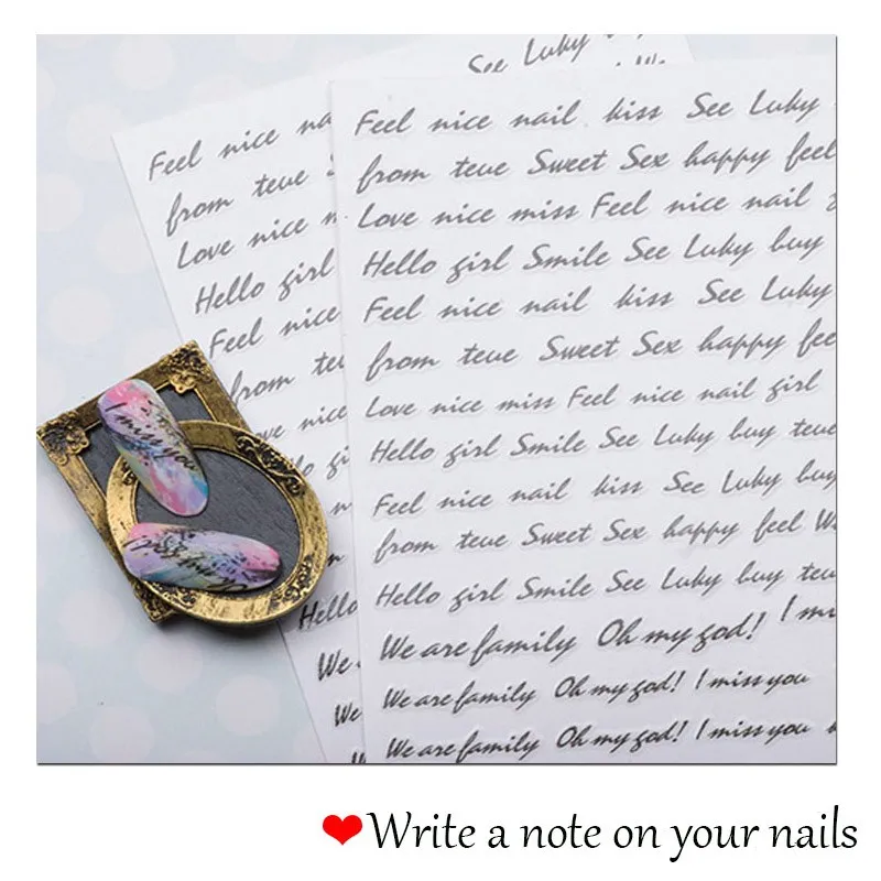 Wholesale 24pcs Black Italic English Letters Notes Nail Art Sticker HandWriting Decals Full Cover Newspaper Design Manicure Nail
Wholesale 24pcs Black Italic English Letters Notes Nail Art Sticker HandWriting Decals Full Cover Newspaper Design Manicure Nail