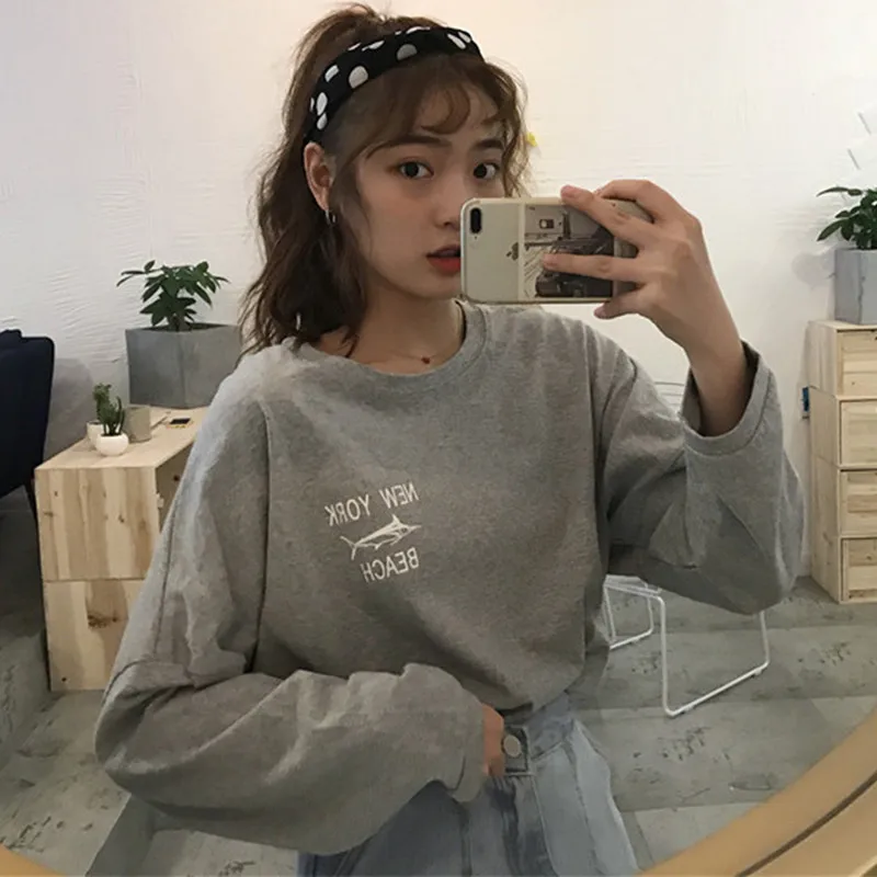 Camiseta Mujer 2019 Autumn New Korean Ulzzang Harajuku Long Sleeve Shark Printed Loose O-neck T-shirt For Women Casual T-shirts
Camiseta Mujer 2019 Autumn New Korean Ulzzang Harajuku Long Sleeve Shark Printed Loose O-neck T-shirt For Women Casual T-shirts