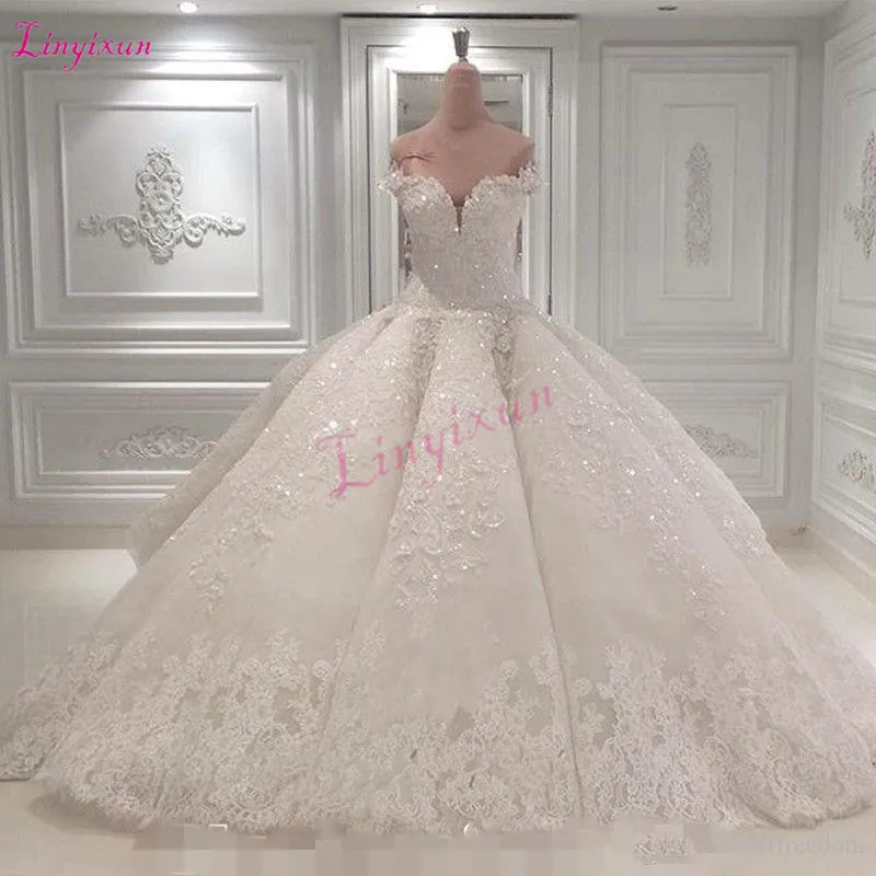 

Vestido De Noiva Ball Gown Wedding Dresses 2019 Off The Shoulder Cathedral Train Lace Appliques Bridal Gown For Church Custom Ma