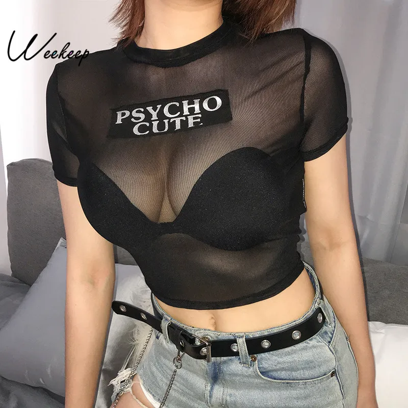 Weekeep Sexy Black Letter Print Mesh t shirt Women 2019 Streetwear Perspective Bodycon t-shirt Summer Cropped O-neck Tee Shirt
Weekeep Sexy Black Letter Print Mesh t shirt Women 2019 Streetwear Perspective Bodycon t-shirt Summer Cropped O-neck Tee Shirt
