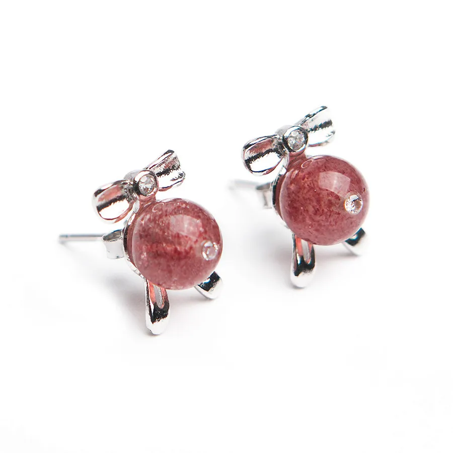 

Genuine Natural Strawberry Quartz Crystal Round Stone Bead Women Cute Fashion Stering Sliver Stud Earring 8mm